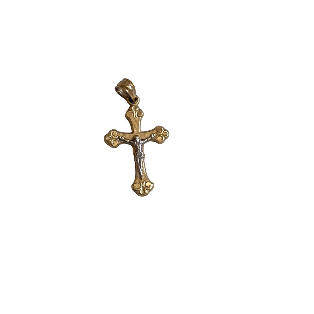 14K Two Tone Gold Crucifix Cross Pendant Religious Jesus Charm 1.1 Inch